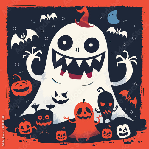 Flat illustration of Smiling ghost with other halloween monsters, Halloween elements, Happy Halloween