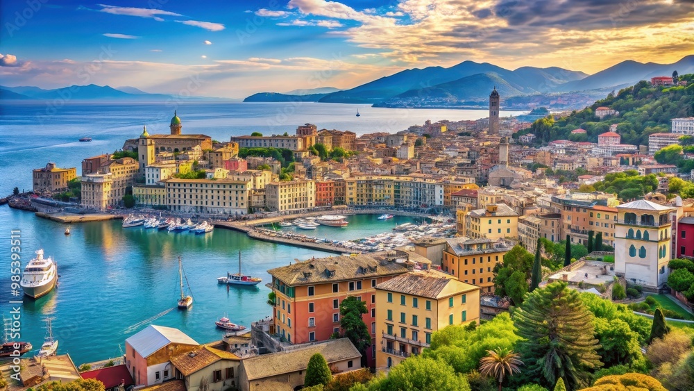 Obraz premium Panoramic view of the beautiful Bay of Genoa, Italy , Genoa, Liguria, Mediterranean Sea, coastline, harbor