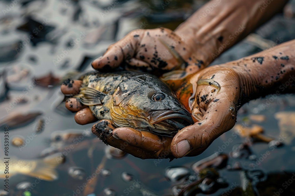 A person is holding a fish in their hands, which appears to be dirty A person is holding a fish in their hands, which appears to be dirty