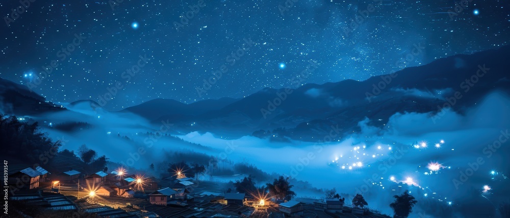Fototapeta premium Serene Nightscape with Stars and Misty Village Lights