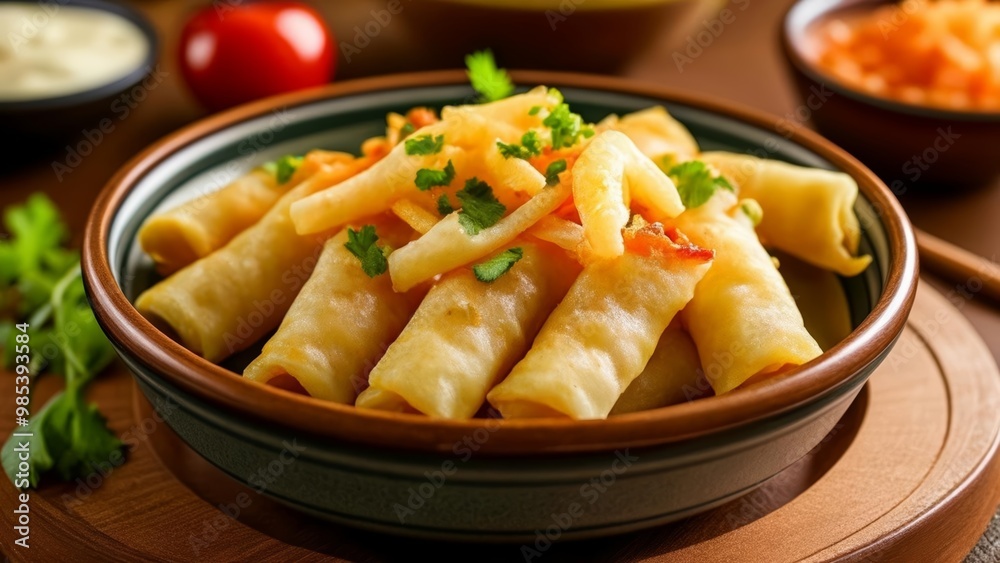 Deliciously crispy spring rolls ready to be savored Deliciously crispy spring rolls ready to be savored