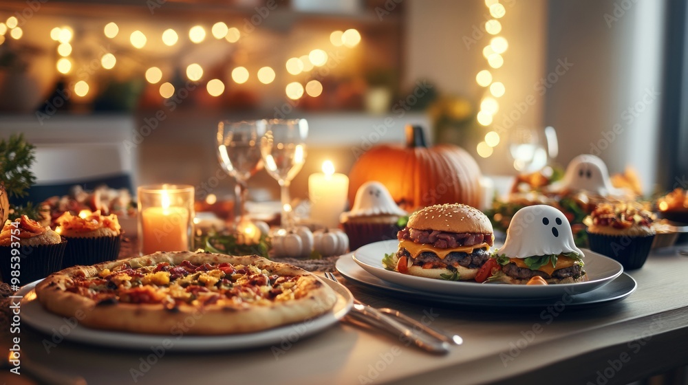 A cozy Halloween dinner with the family featuring spooky dishes like bat-shaped pizzas