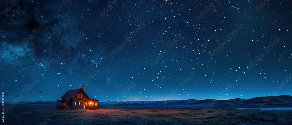 Fototapeta premium Serene Night Sky Over a Cozy Mountain Cabin