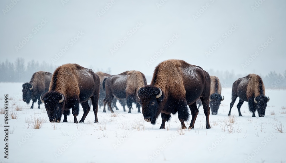 Herd of bison grazing in snowy landscape during winter season. Nature, wildlife, and animal behavior Herd of bison grazing in snowy landscape during winter season. Nature, wildlife, and animal behavior