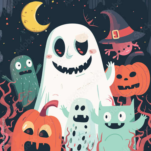 Flat illustration of Smiling ghost with other halloween monsters, Halloween elements, Happy Halloween