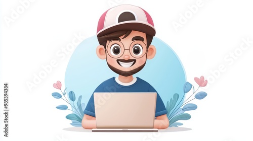 Happy Young Man Working on Laptop in Colorful Setting