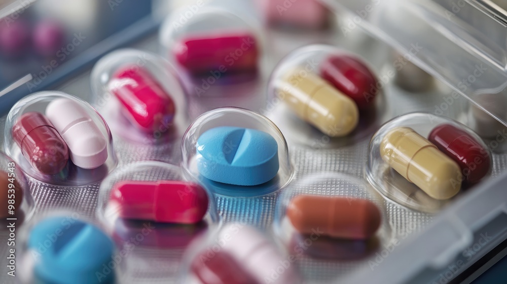Macro view of pharmaceutical capsules and tablets in a pill box, reflecting healthcare routines and medication adherence. Macro view of pharmaceutical capsules and tablets in a pill box, reflecting healthcare routines and medication adherence.