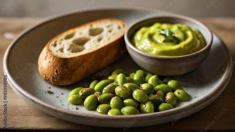 Fresh and vibrant appetizer with bread dip and green beans Fresh and vibrant appetizer with bread dip and green beans