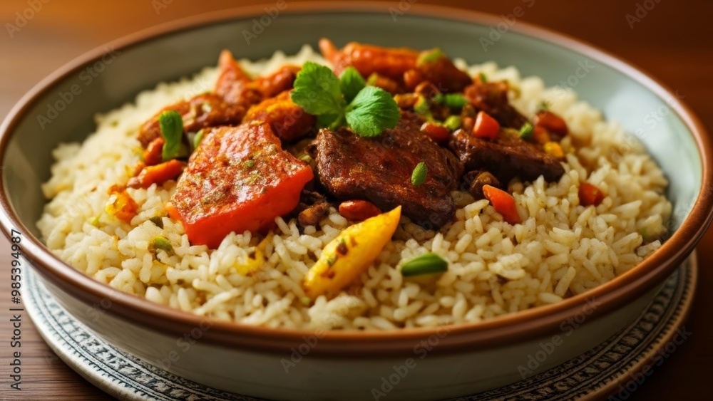 Deliciously seasoned rice with vibrant toppings Deliciously seasoned rice with vibrant toppings