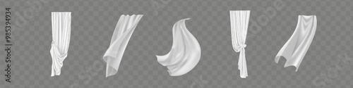 Set of realistic fluttering white cloths, soft lightweight clear material isolated on transparent background vector illustration