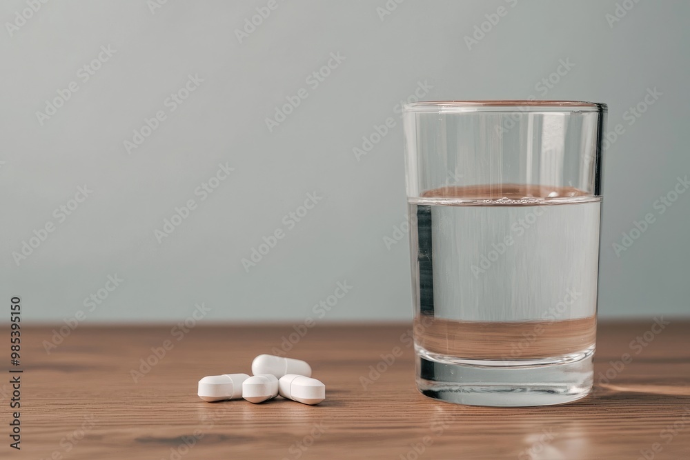 Glass of water with pills on wooden surface Glass of water with pills on wooden surface