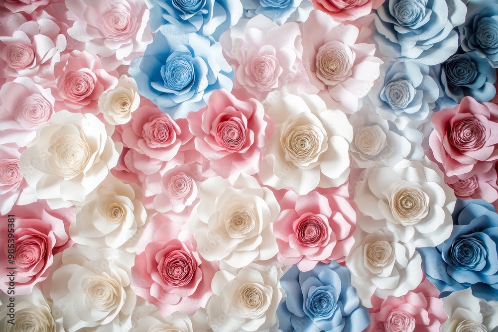 A close-up shot of pastel paper flowers, pink, white, and blue, arranged in a random pattern. A close-up shot of pastel paper flowers, pink, white, and blue, arranged in a random pattern.