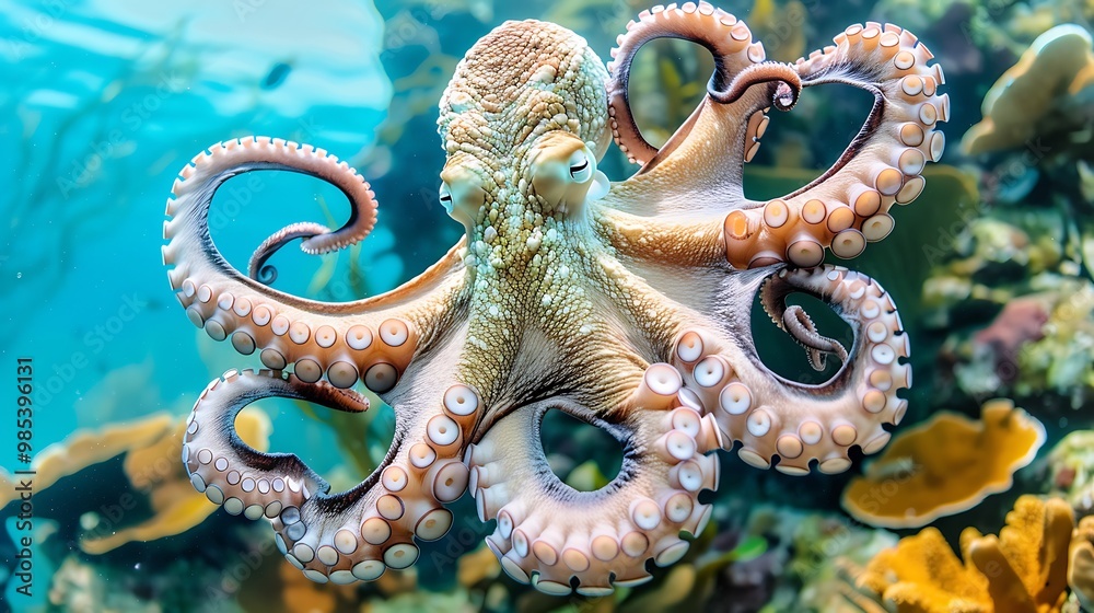 Common octopus in its natural underwater environment, showcasing its intricate textures and colors against a vibrant coral reef backdrop Common octopus in its natural underwater environment, showcasing its intricate textures and colors against a vibrant coral reef backdrop