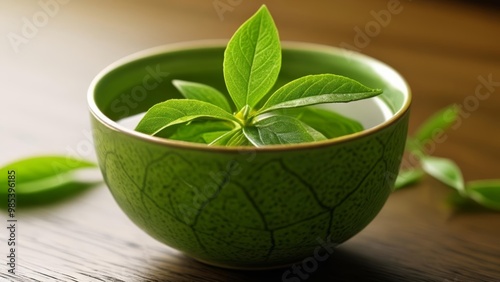  Freshness in a cup A single leafy sprout in a green ceramic cup