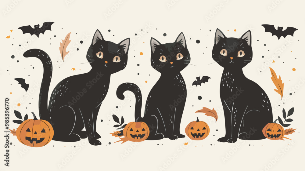 Naklejka premium Flat lay design Hand drawn halloween black cats collection, Halloween elements, Happy Halloween