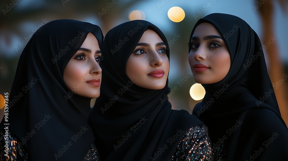 Three women wearing black veils and gold dresses pose for a photo Three women wearing black veils and gold dresses pose for a photo
