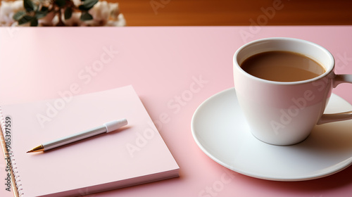 The simplicity of a blank notebook, and pen resting on a light pink surface offers a moment of calm, where creativity meets serenity in a peaceful setting. 