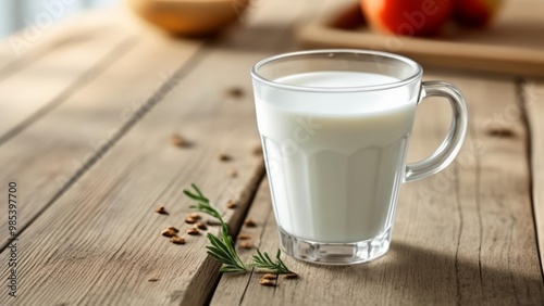  Freshly poured milk on a rustic table