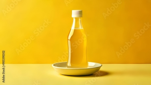  A bottle of golden liquid perhaps a fine wine or oil resting on a white plate against a vibrant yellow backdrop photo