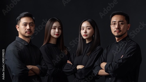 Four people are standing together in a black outfit