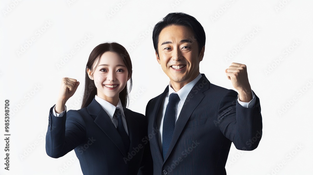 A man and woman in business attire are smiling A man and woman in business attire are smiling
