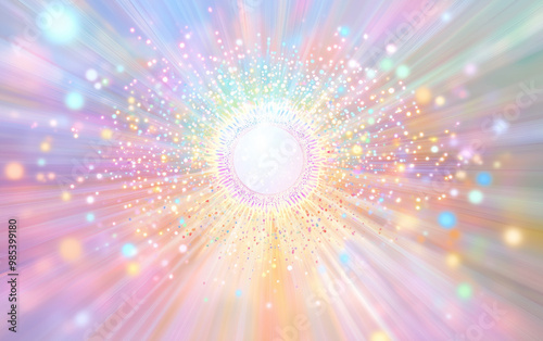 A white crystal-shaped mirror sits at the center, with a radiant rainbow mandala of life symbolism behind it. Swirling patterns emanate from the mirror, surrounded by many colorful light dots