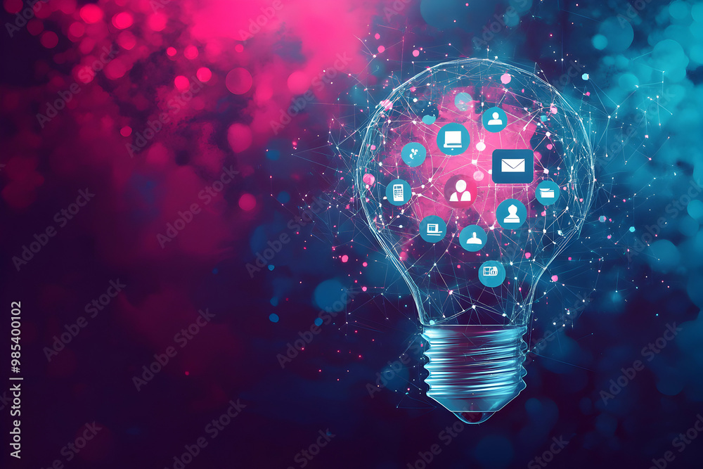 Abstract light bulb with connected network icons representing digital connection. Abstract light bulb with connected network icons representing digital connection.