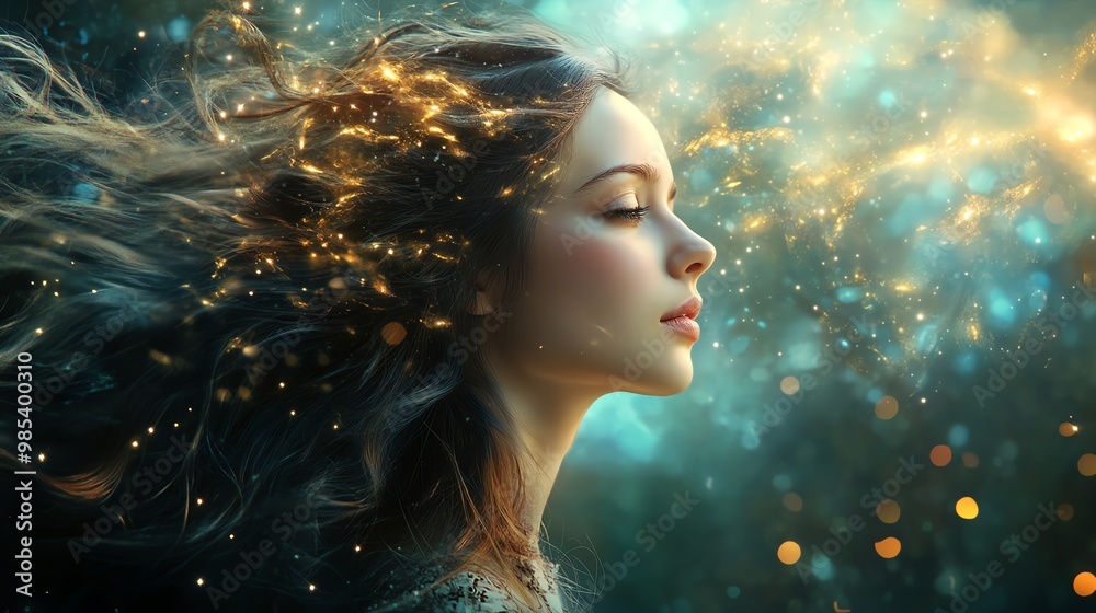 Dreamy woman with sparkles in a mystical scene