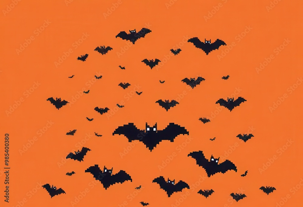 A swarm of black bats flies against a vibrant orange background, creating a spooky and atmospheric effect perfect for Halloween-themed visuals. A swarm of black bats flies against a vibrant orange background, creating a spooky and atmospheric effect perfect for Halloween-themed visuals.