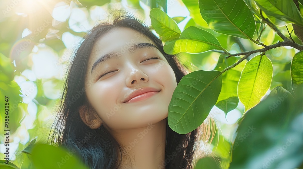 Cheerful Young Woman Basking in the Sunshine Surrounded by Lush Greenery Cheerful Young Woman Basking in the Sunshine Surrounded by Lush Greenery