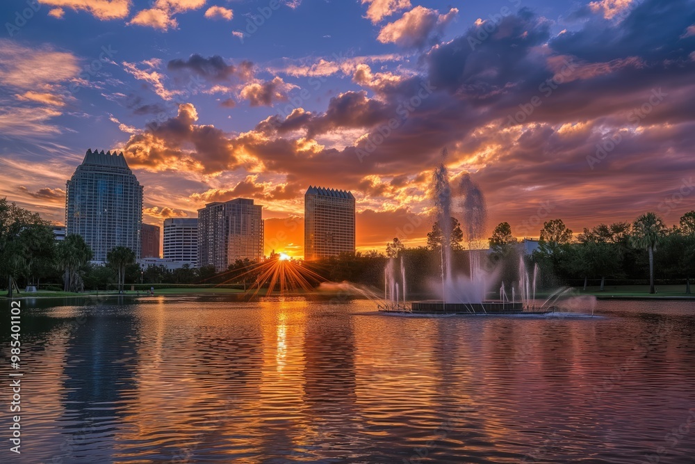 Fototapeta premium Orlando cityscape at sunset. Downtown Florida skyline with Lake Eola fountain in foreground. Orange hues of evening sky reflect off skyscrapers. Urban landscape of business district.