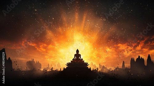 Vishnu standing on a lotus with Lakshmi, surrounded by devas, in a golden heavenly temple, Vishnu in heaven, deities, divine space