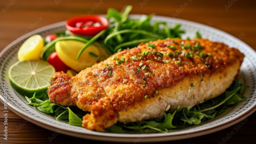 Deliciously seasoned fish fillet with a fresh salad on a plate Deliciously seasoned fish fillet with a fresh salad on a plate