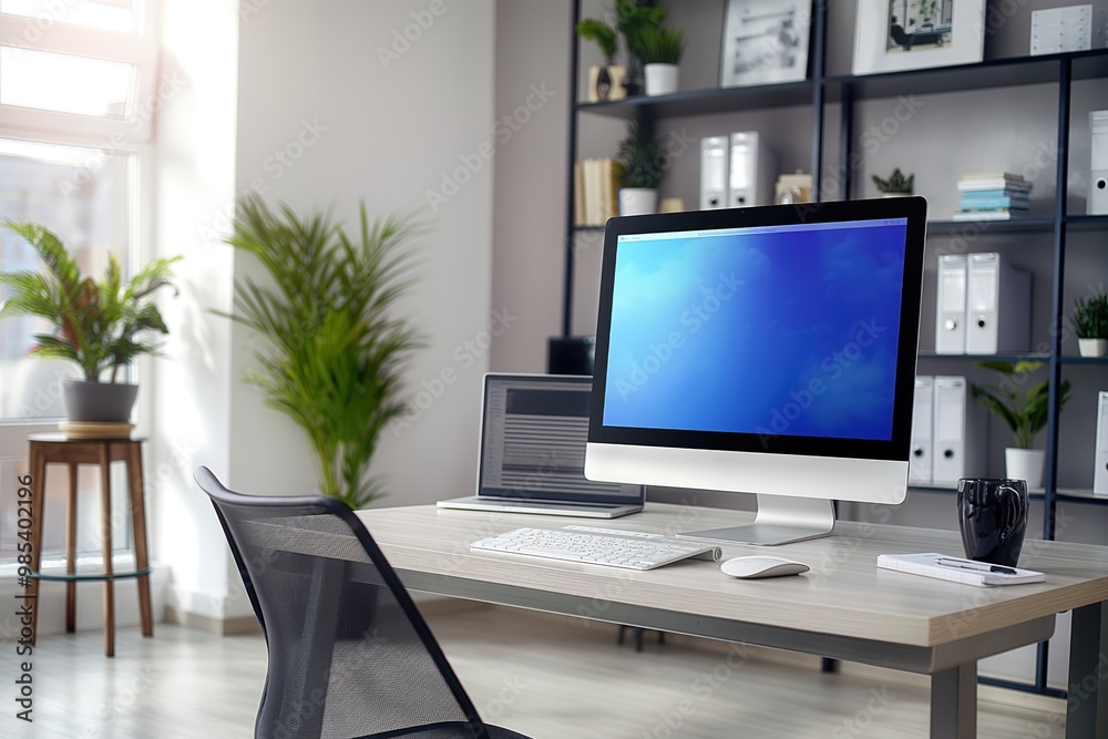 Modern office interior with computer on table. Stylish workplace with simple white space, blank walls, wooden furniture. Armchair, lamp, houseplant add to pro decor. Professional workspace with Modern office interior with computer on table. Stylish workplace with simple white space, blank walls, wooden furniture. Armchair, lamp, houseplant add to pro decor. Professional workspace with