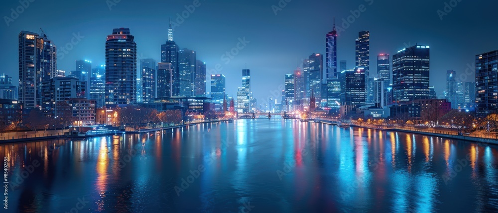 Fototapeta premium Nighttime Cityscape with Reflections on the River