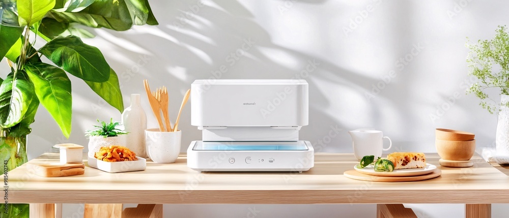 Modern White Dishwashing Machine on Wooden Countertop Modern White Dishwashing Machine on Wooden Countertop