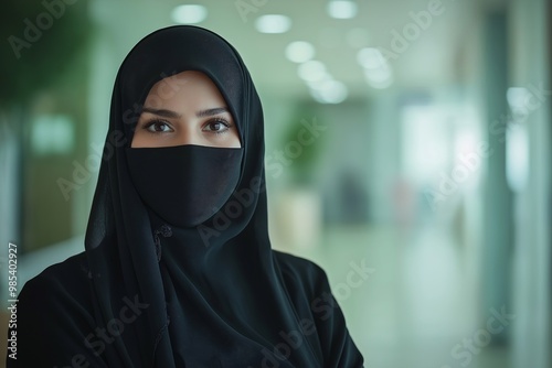 A Saudi woman wearing a black abaya, speaking to the camera with her face covered by a veil in an office environment