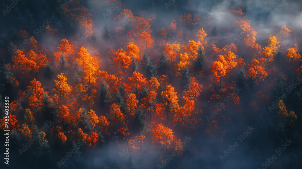 a bird's view of the Canadian forest in autumn covered by fog using an ultraviolet filter a bird's view of the Canadian forest in autumn covered by fog using an ultraviolet filter