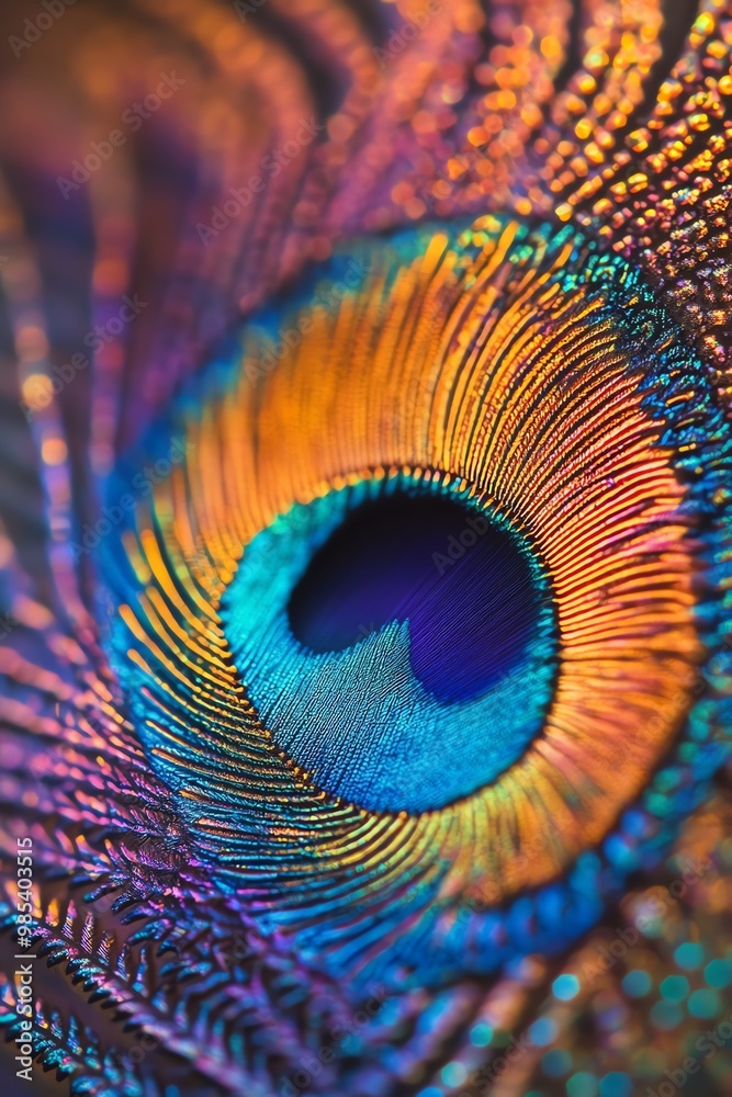 Obraz premium Colorful peacock feather close-up, intricate details