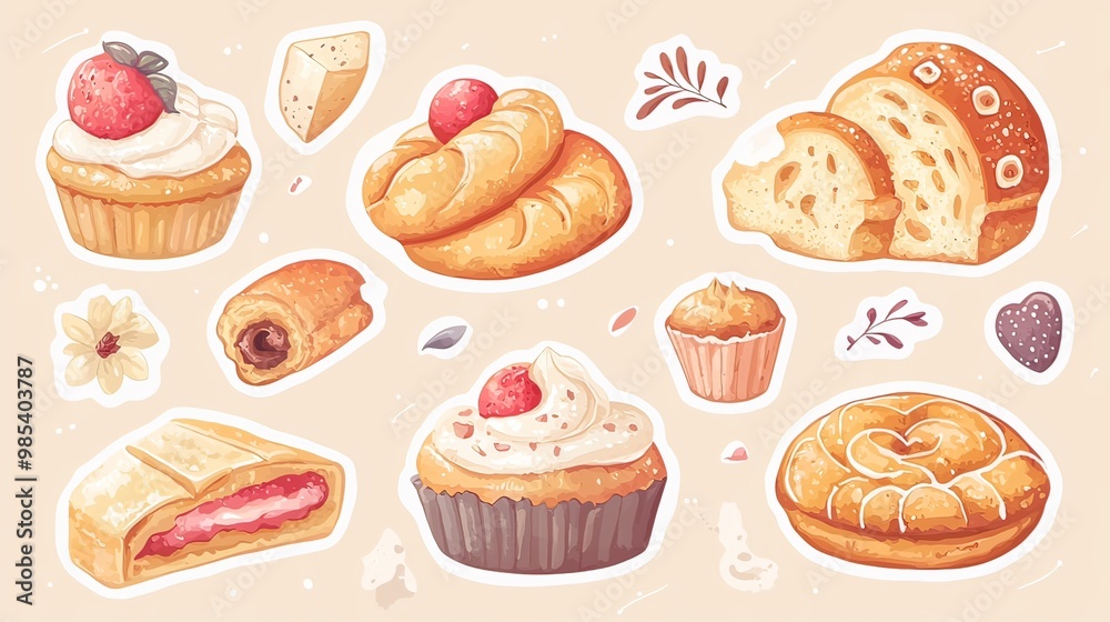 Delicious Bakery Stickers Featuring Baguettes Cupcakes Donuts and Other Enticing Baked Treats