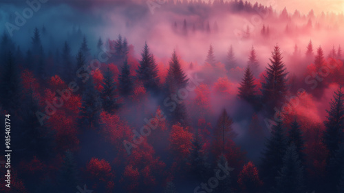 a bird's view of the Canadian forest in autumn covered by fog using an ultraviolet filter