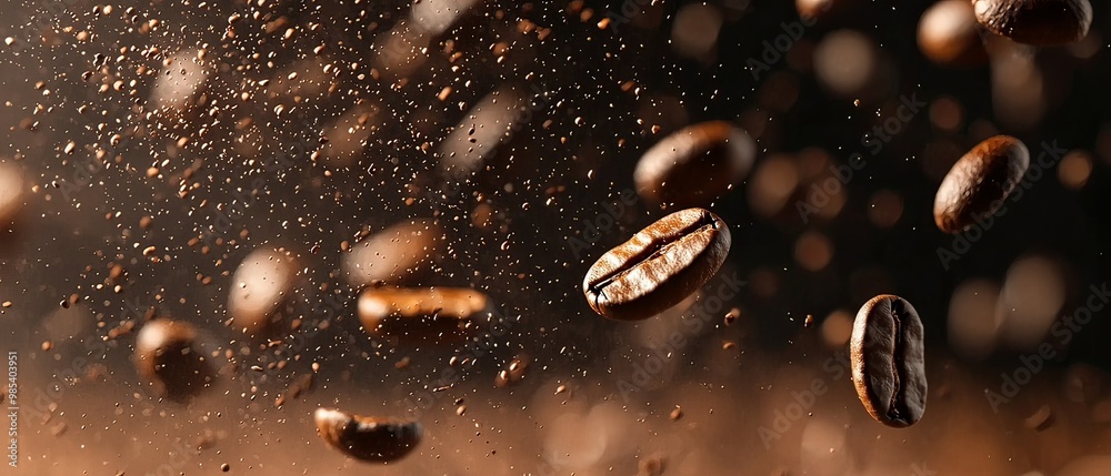 Detailed Shot of Roasted Coffee Beans Falling on Dark Background Detailed Shot of Roasted Coffee Beans Falling on Dark Background
