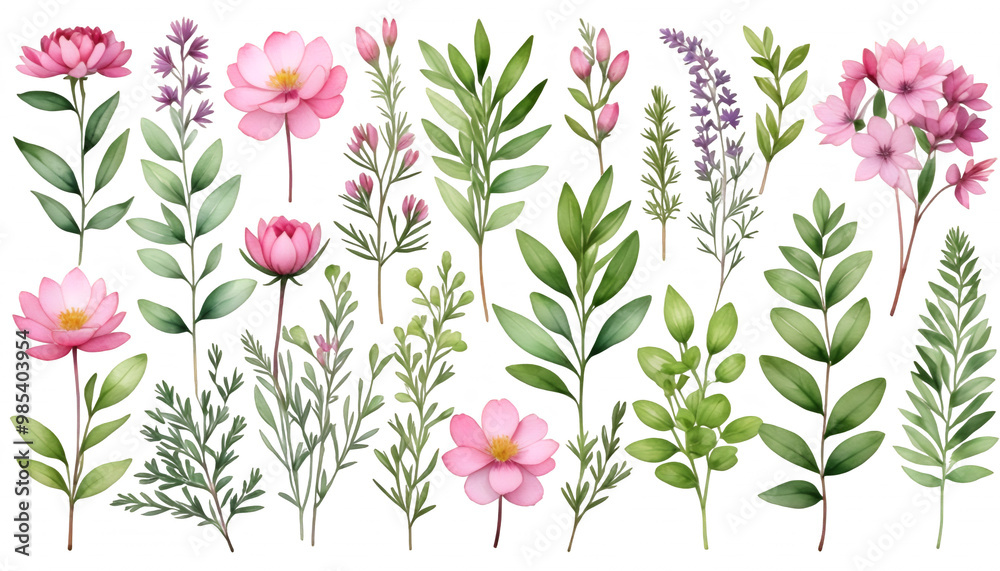 leaves watercolor white garden arrangements botanic collection pink set branches flowers olated background rbs illustration botanical watercolor bouquet tree branch bunch collection eucalyptus