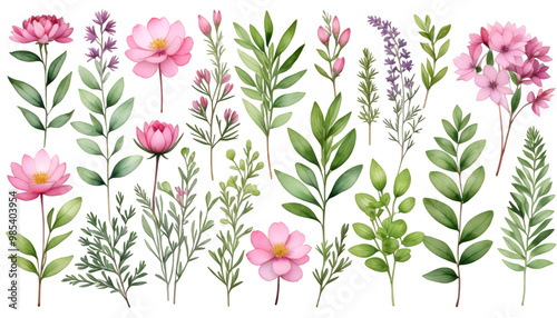 Obraz na płótnie leaves watercolor white garden arrangements botanic collection pink set branches flowers olated background rbs illustration botanical watercolor bouquet tree branch bunch collection eucalyptus w salonie