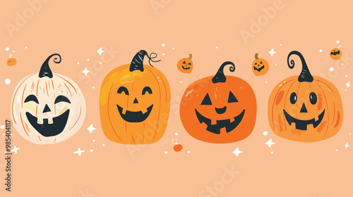 Flat lay design of Hand drawn halloween pumpkin collection, Halloween elements, Happy Halloween