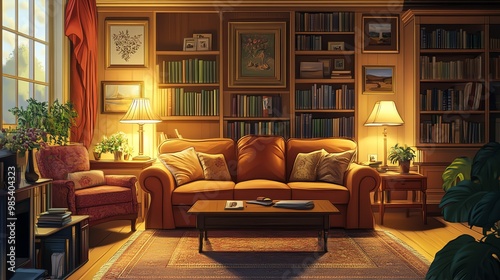 Cozy living room with books and plants.