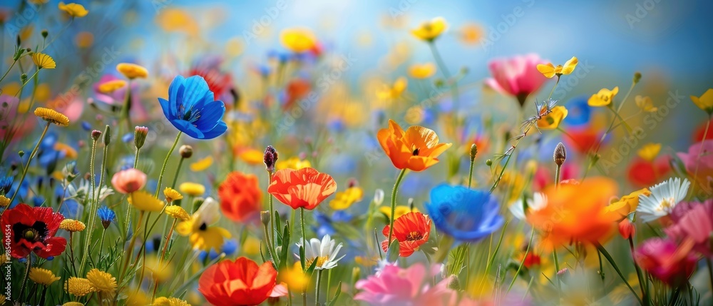 Vibrant Wildflower Meadow Under Clear Blue Sky Vibrant Wildflower Meadow Under Clear Blue Sky