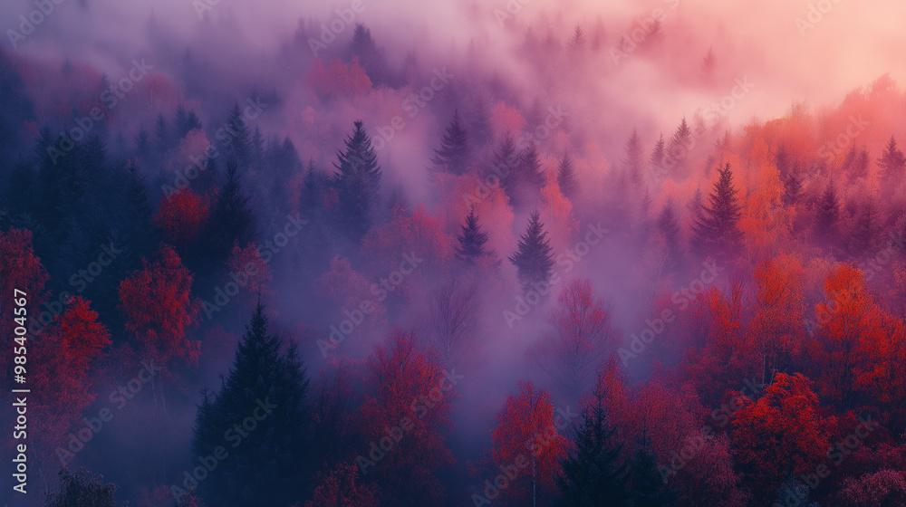 a bird's view of the Canadian forest in autumn covered by fog using an ultraviolet filter a bird's view of the Canadian forest in autumn covered by fog using an ultraviolet filter