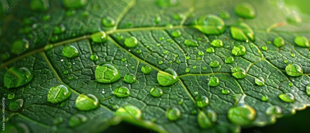 Close-Up of Dew Drops on Fresh Green Leaf Close-Up of Dew Drops on Fresh Green Leaf