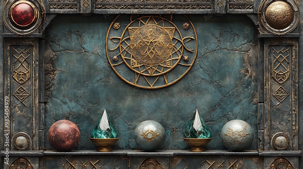 A frame featuring mystical symbols and runes along the edges, with a crystal ball in each corner. A frame featuring mystical symbols and runes along the edges, with a crystal ball in each corner.
